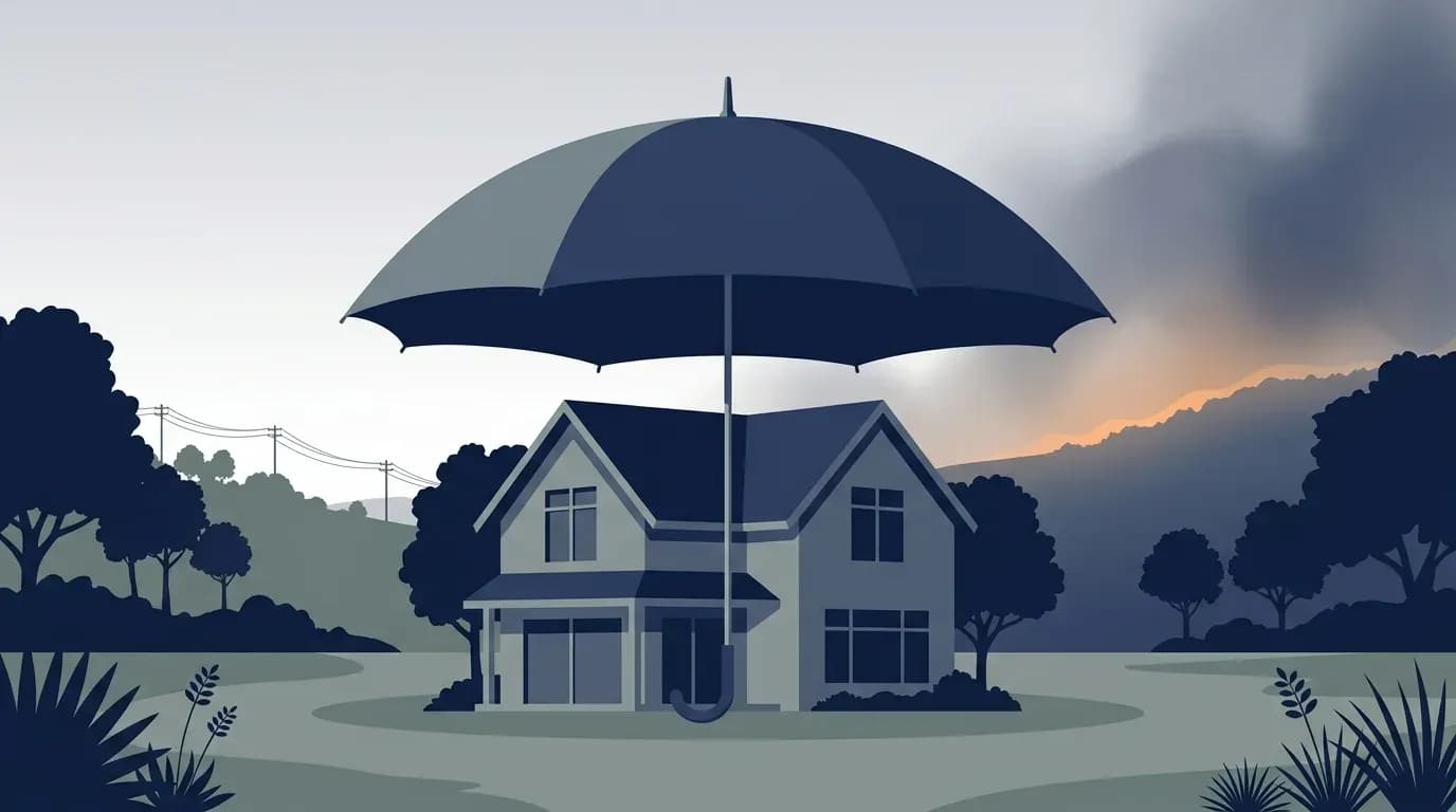 Illustration of a family home sheltered under a large umbrella with a hazy hillside behind it